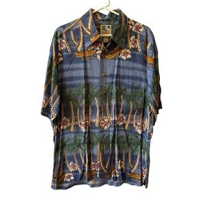 JOHN SEVERSON KAHALA RAYON HAWAIIAN SHIRT PALM TREES OUTRIGGER BOATS CANOE LG